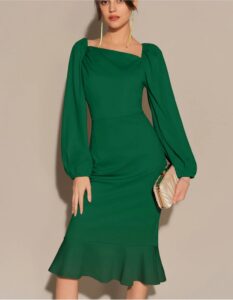 Oblique Neck Long Sleeve Back Slit Bodycon Party Dress - Green
